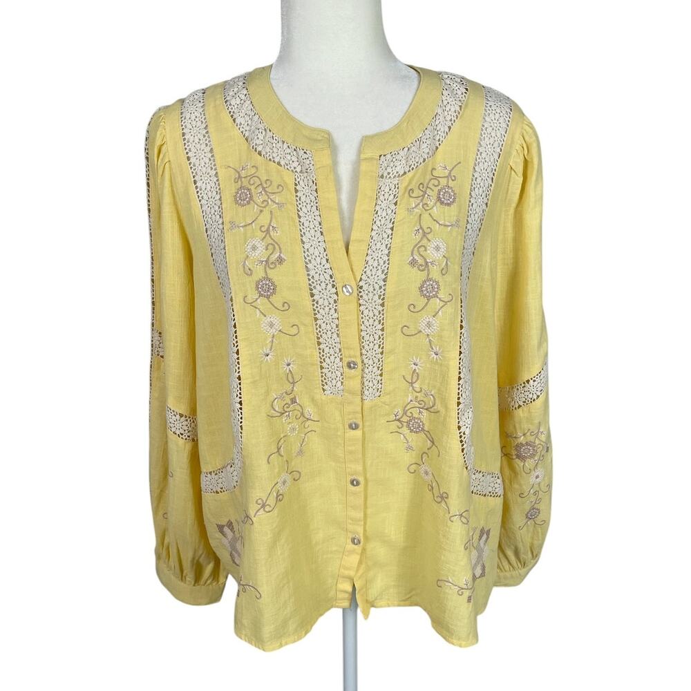 Jennifer & Grace Cotton Embroidered Peasant Blouse Top Yellow Large Boho Prairie